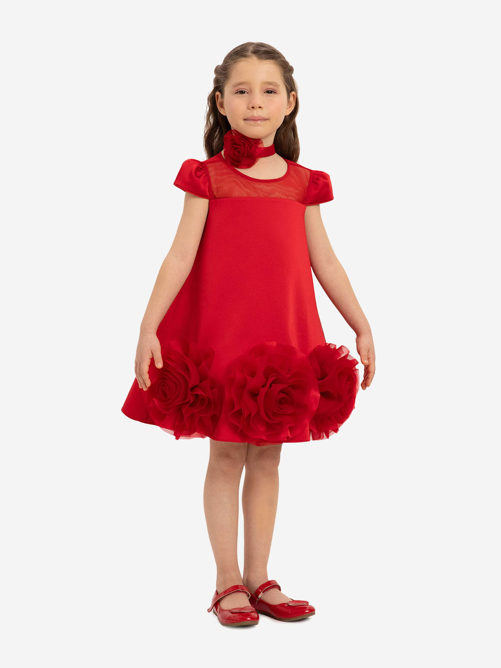 Girls Red Dress & Fleur with Flower Choker