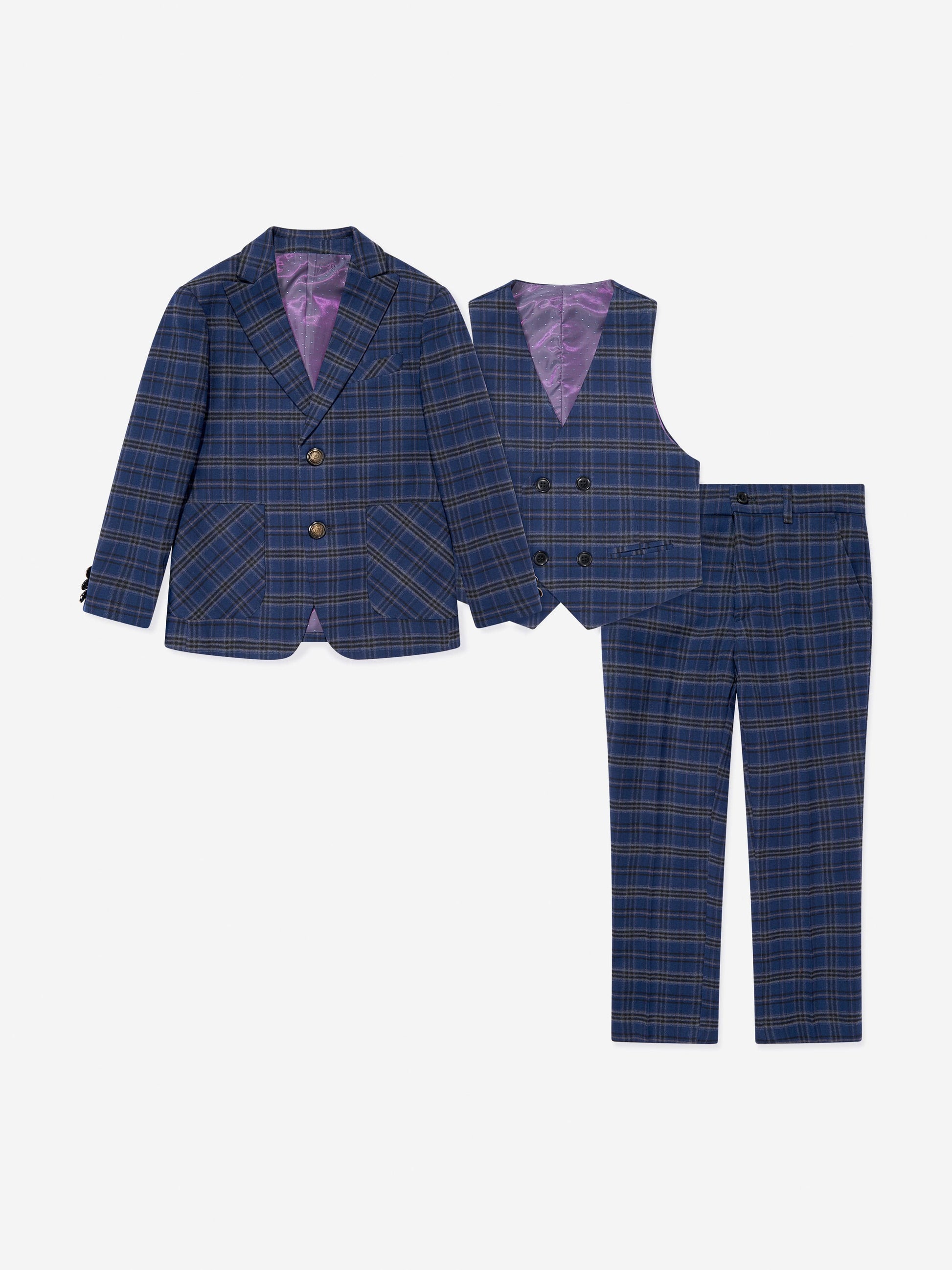SUITLAB London Boys Navy Checked 3 Piece Suit Set