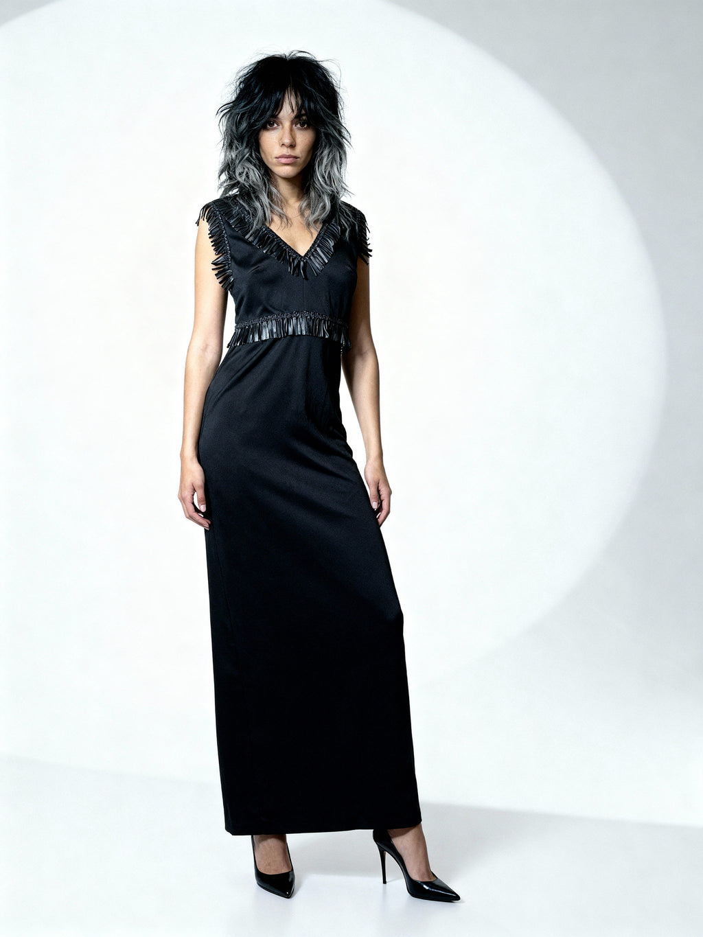 Unique Original Vintage 1970's Black & Faux Leather Detailed Maxi Dress UK 14 - 16
