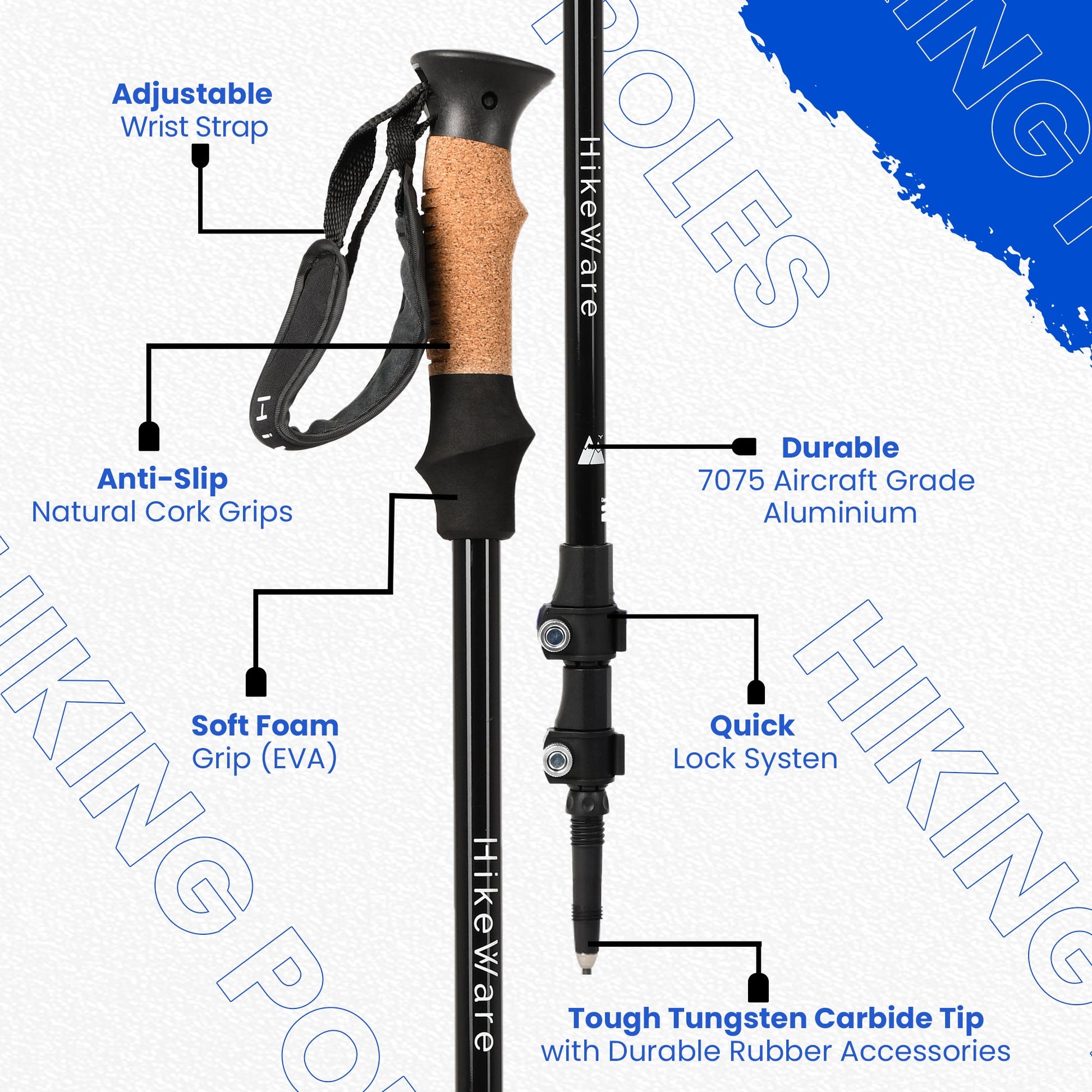 Set of 2 Adjustable Lightweight Aluminium Hiking Poles