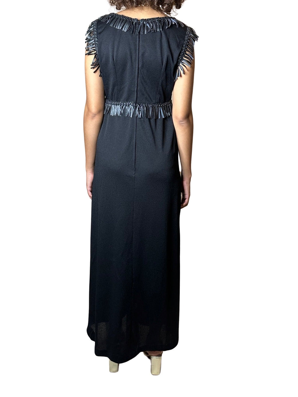 Unique Original Vintage 1970's Black & Faux Leather Detailed Maxi Dress UK 14 - 16