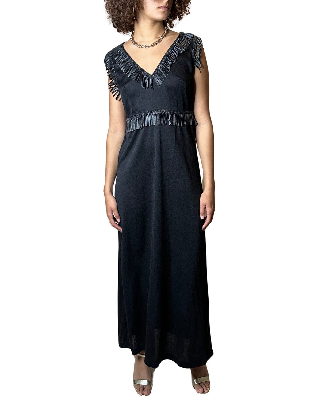 Unique Original Vintage 1970's Black & Faux Leather Detailed Maxi Dress UK 14 - 16